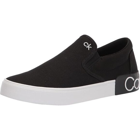 NEW Calvin Klein Men Ryor Black White Canvas Slip On Flat Sole Sneaker Shoe - Picture 1 of 7